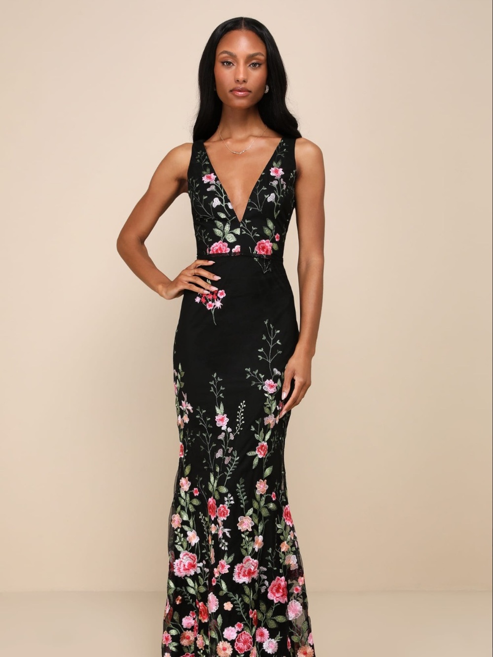 Lulu's Black Maxi Dress with Pink Floral & Green Foliage Embroidery